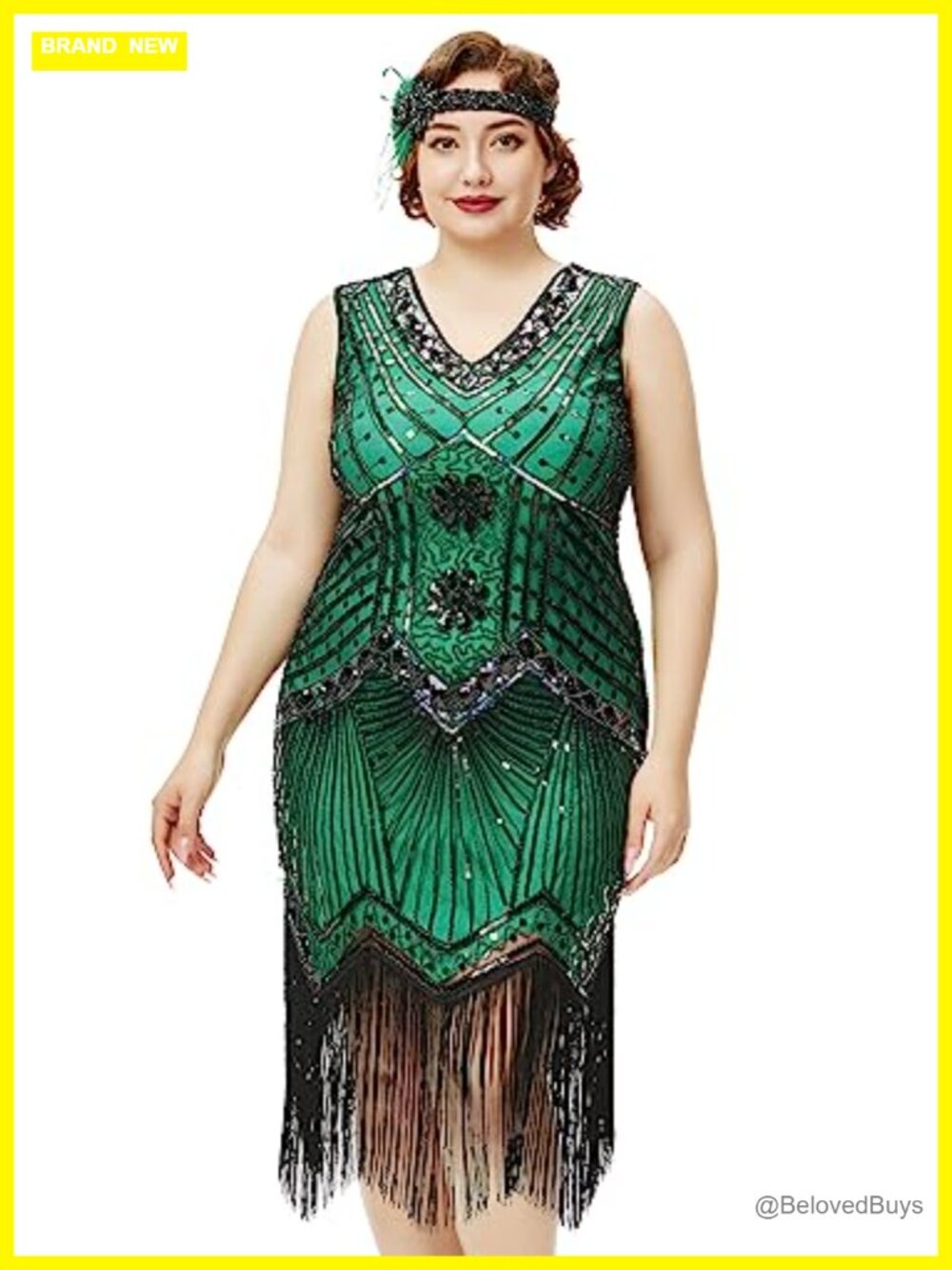 Plus Size Flapper Dress 1920s Fringe Sequin Midi V-Neck